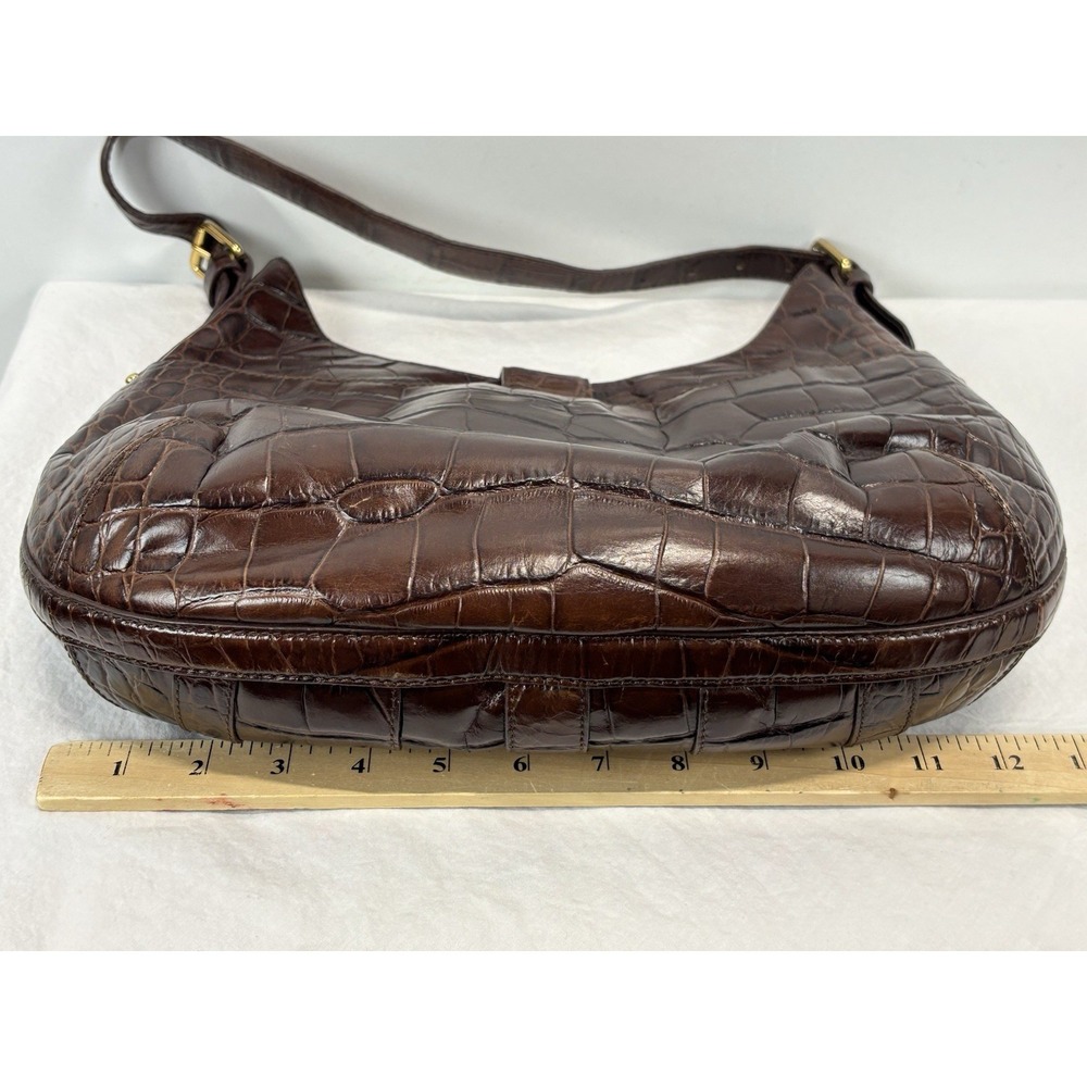 Lauren Ralph Lauren Croc Embossed Leather Hobo Purse Brown Shoulder Bag - Picture 9 of 11